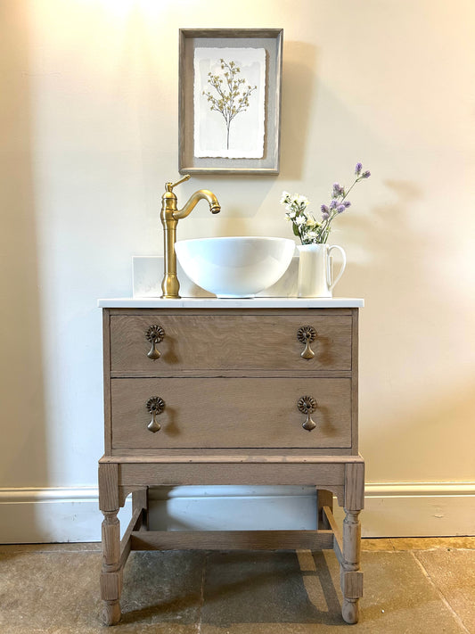 Small Marble Quartz top vanity Sink unit. Weathered Solid Oak 60cm wide