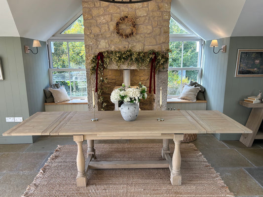 Large Extending Solid Oak Dining table refinished in a light weathered oak. (183cm-290cm)