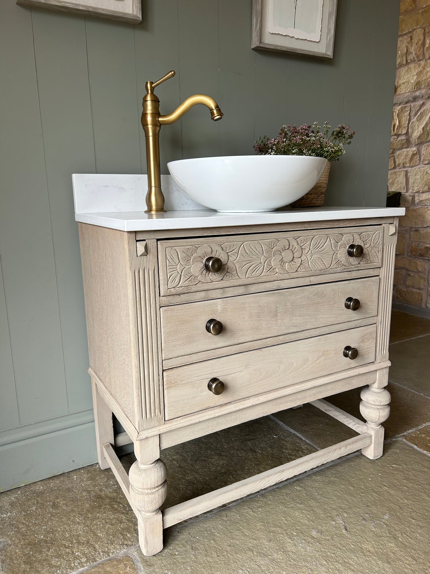 Vintage Oak Vanity Sink with quartz top, basin and Upstand 77cm wide