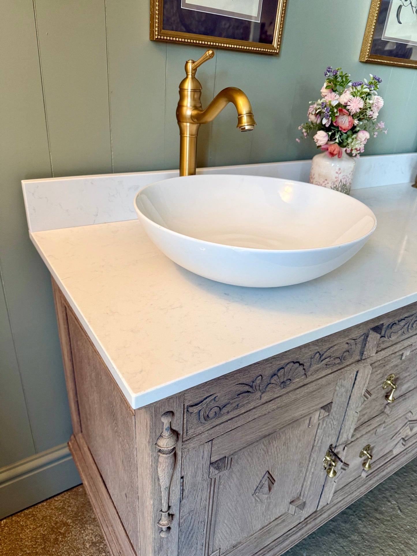 Large Double Vanity Sink Quartz Top, Upstand and Two Basins (155cm)