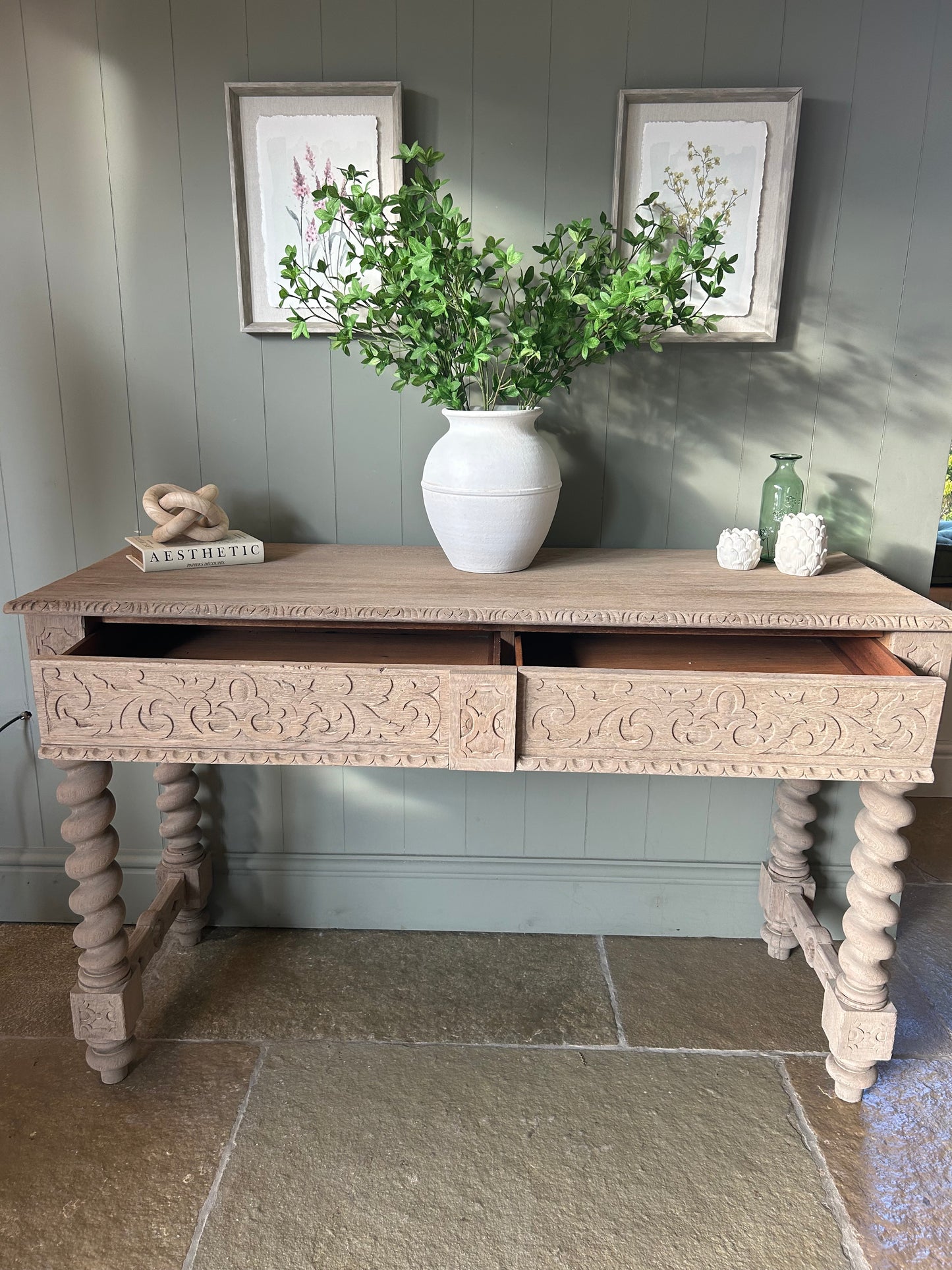 Large Carved Oak Console Table on symmetrical twist legs. 138cm Wide