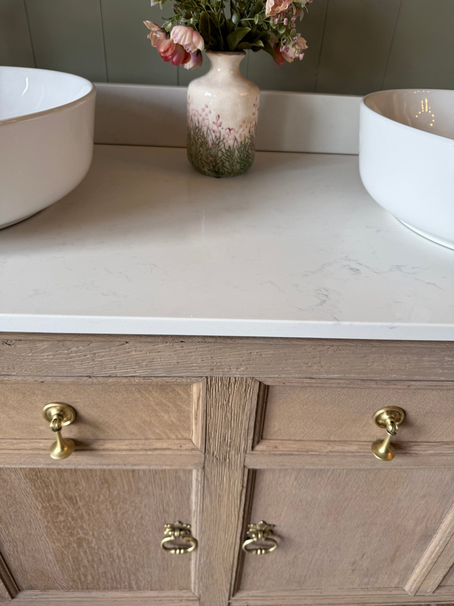 Large Vintage Oak Double Vanity unit, Carrara Quartz top, Upstand and two basins (154.5cm)