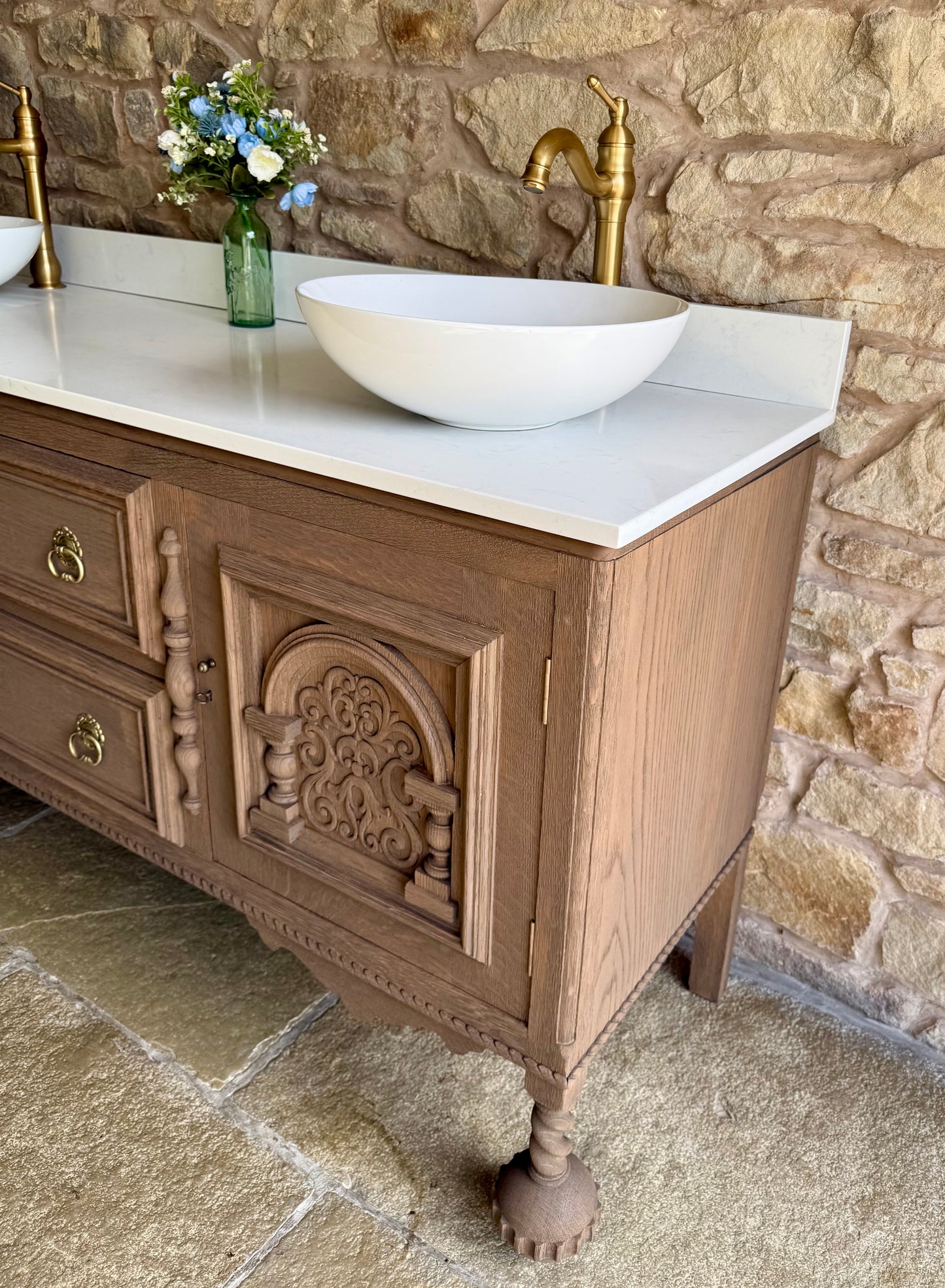 Large Vintage Double Oak Vanity Sink Unit, Quartz Top, Upstand and Basins (170cm wide)