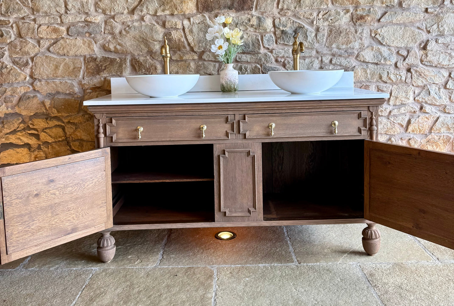 Vintage Solid Oak Double Vanity Sink Unit in a Warm Oak. Carrara Quartz Top, Upstand and Two Basins