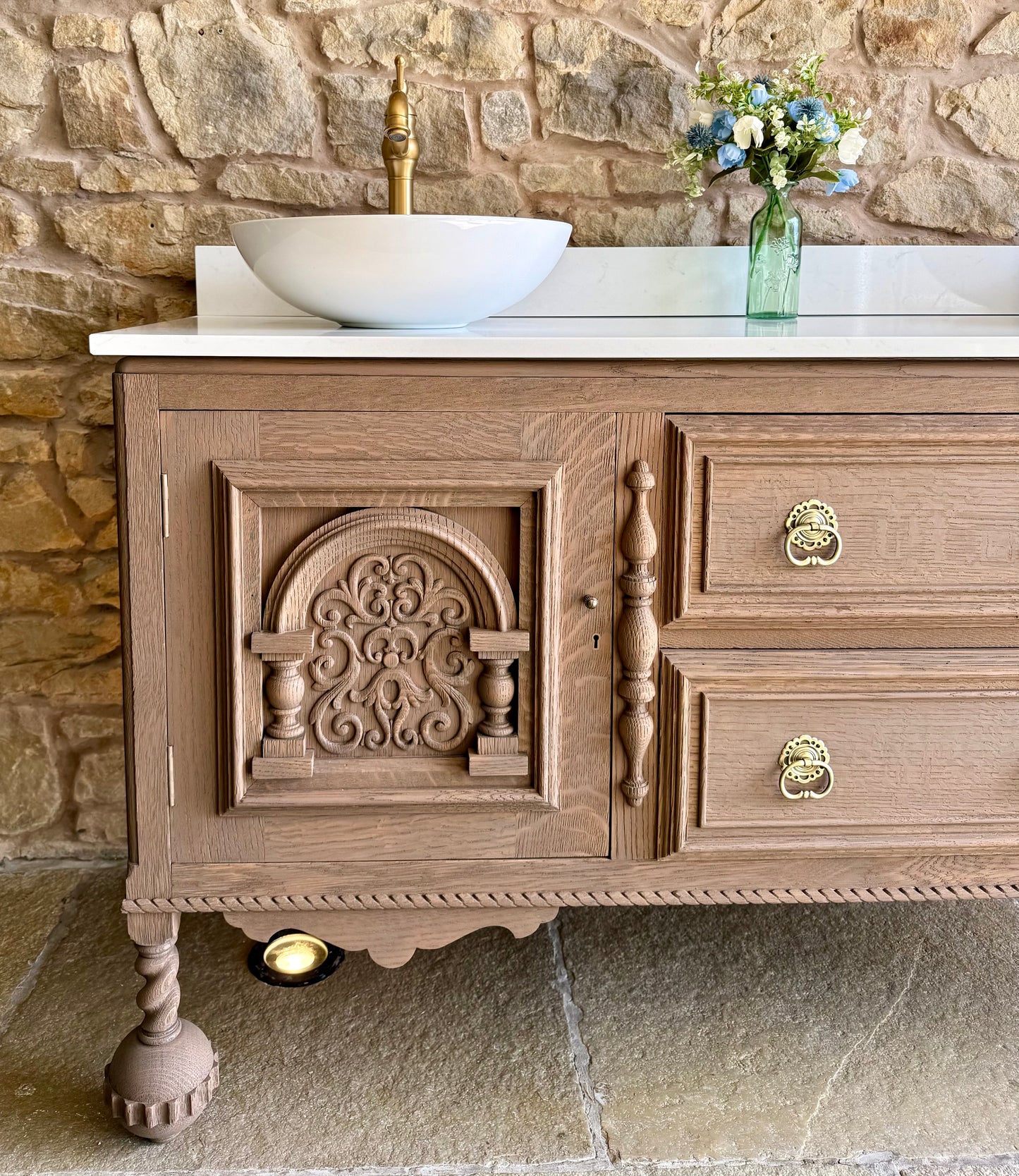 Large Vintage Double Oak Vanity Sink Unit, Quartz Top, Upstand and Basins (170cm wide)