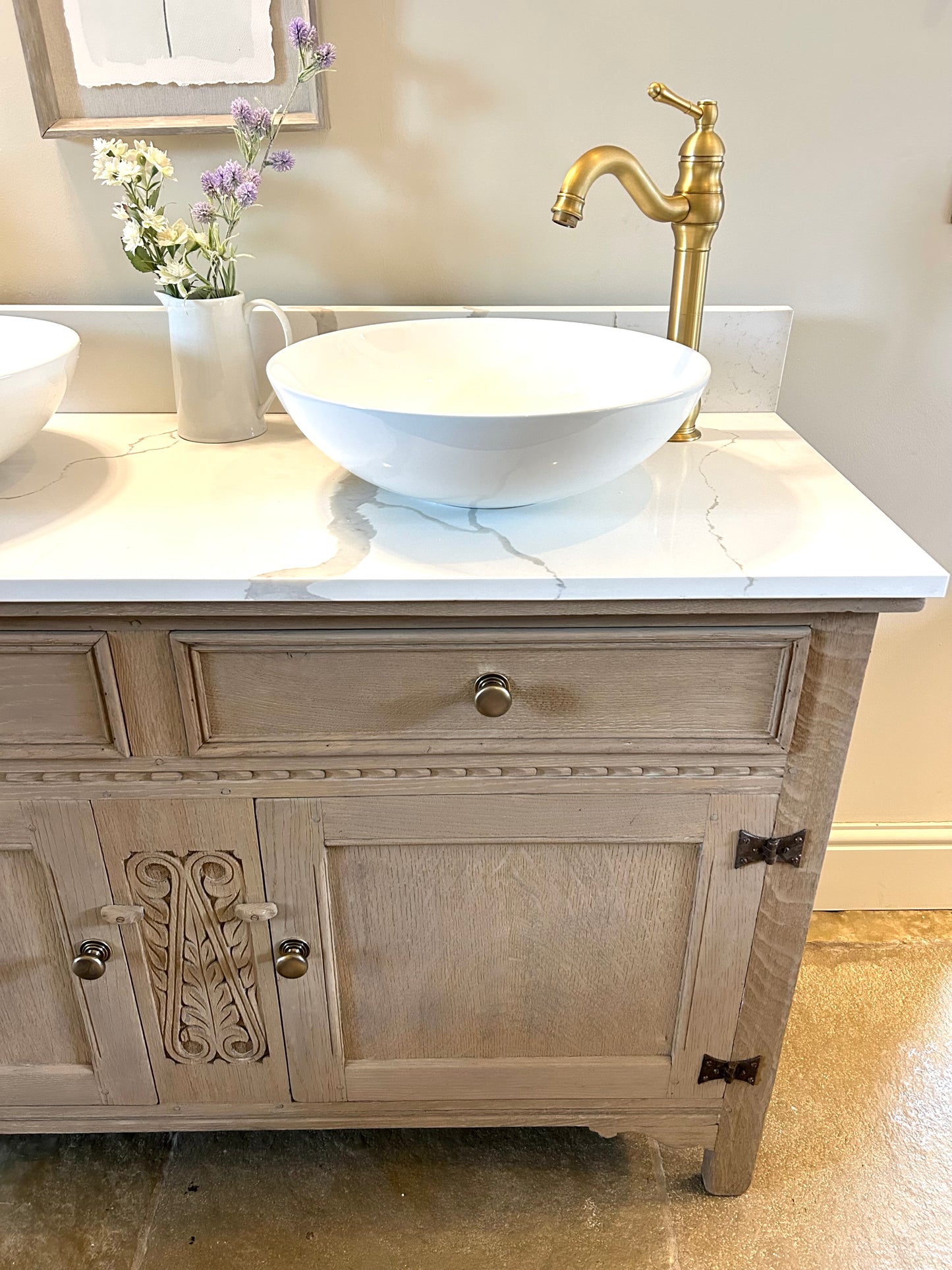 Large Vintage Weathered Oak Double vanity sink with quartz / marble top. 129cm wide