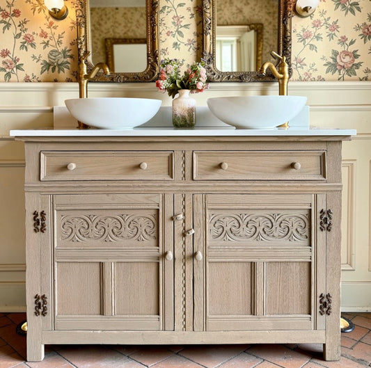 Vintage Light Oak Double/or Single Vanity Sink Unit, Quartz Top, Upstand and two basins (124cm wide)