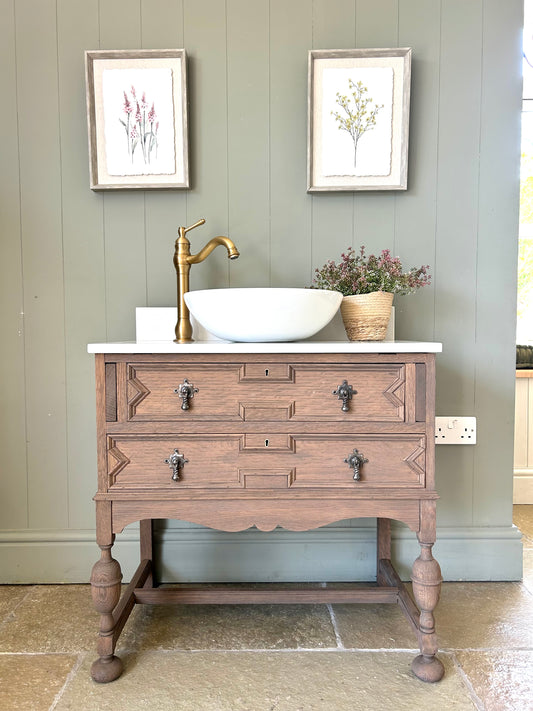 Vintage Single Mid Oak Vanity Sink, Quartz top, Upstand and basin (78cm wide)