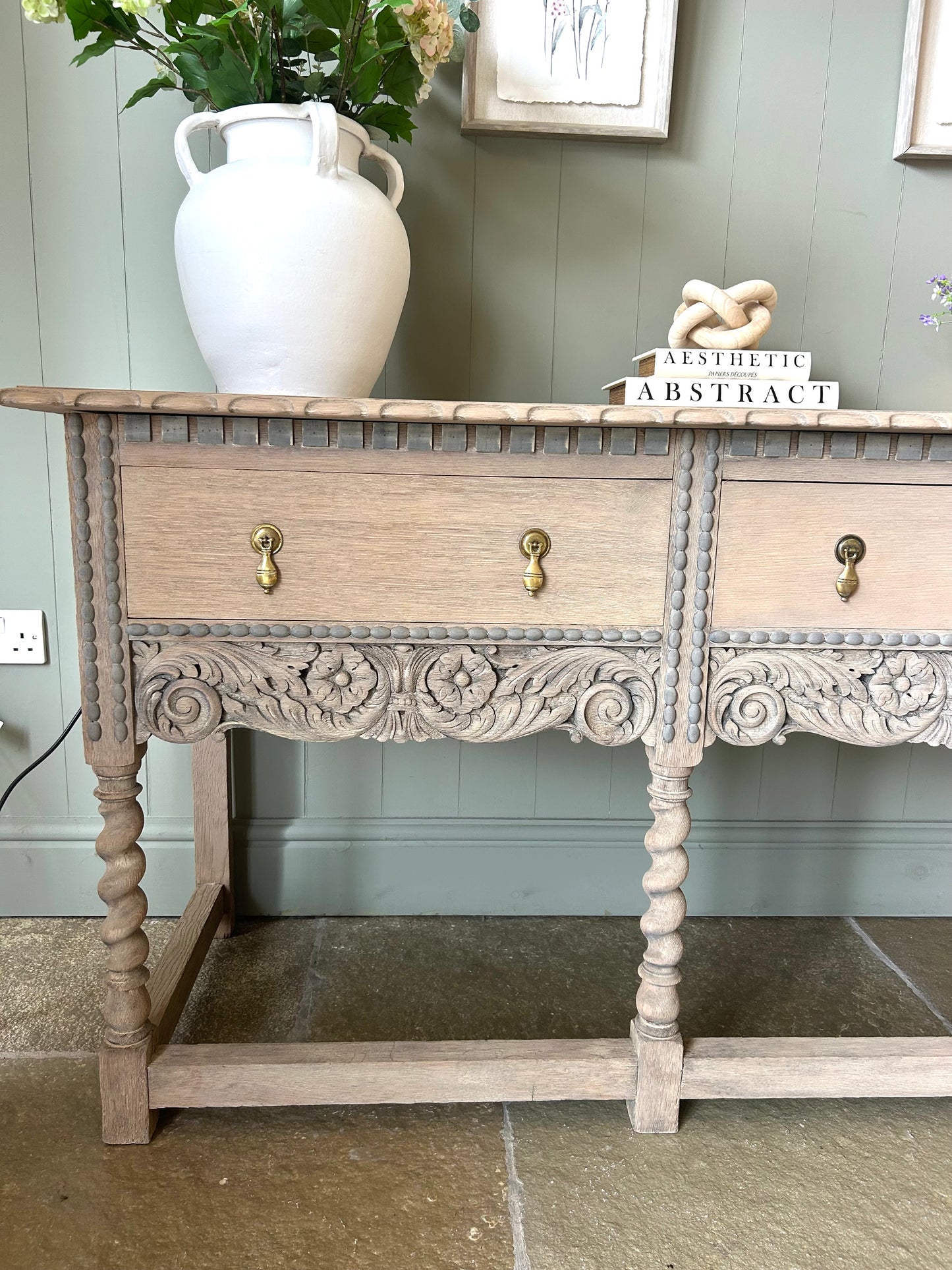 Large Carved Solid Oak Console Table finished in a weathered oak