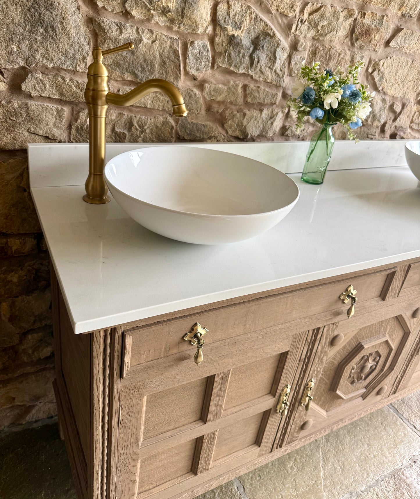 Large Vintage Oak Double Vanity Sink, Quartz Top, Upstand and two basins. (155cm wide)