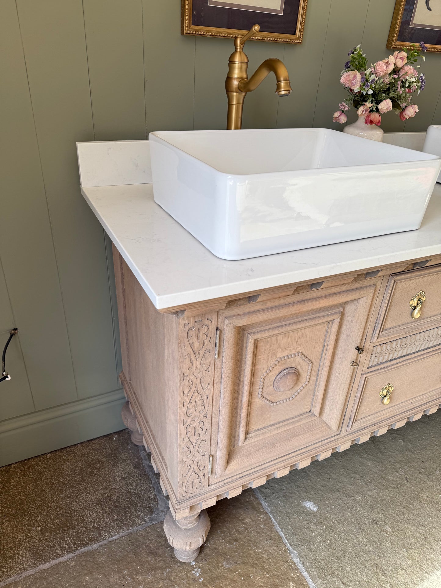 Large Vintage Solid Oak Vanity Sink unit, Carrara Quartz top, Upstand and two basins (choice of rectangular or circular) 154cm wide.
