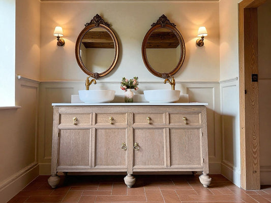 Large Vintage Oak Double Vanity unit, Carrara Quartz top, Upstand and two basins (154.5cm)