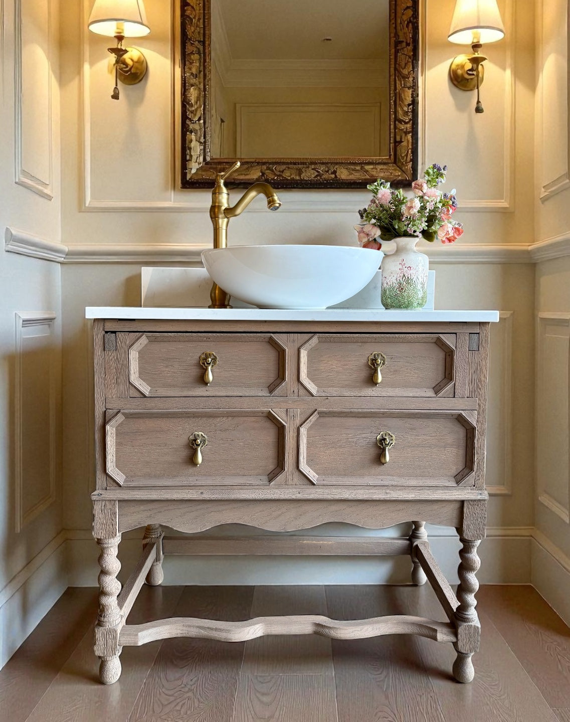 Light oak Vintage Vanity Sink, Quartz top, Upstand and basin (77cm wide)