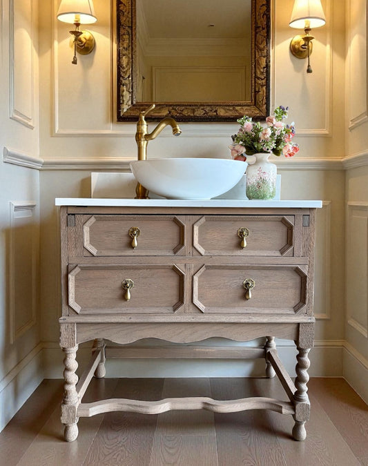 Light oak Vintage Vanity Sink, Quartz top, Upstand and basin (77cm wide)