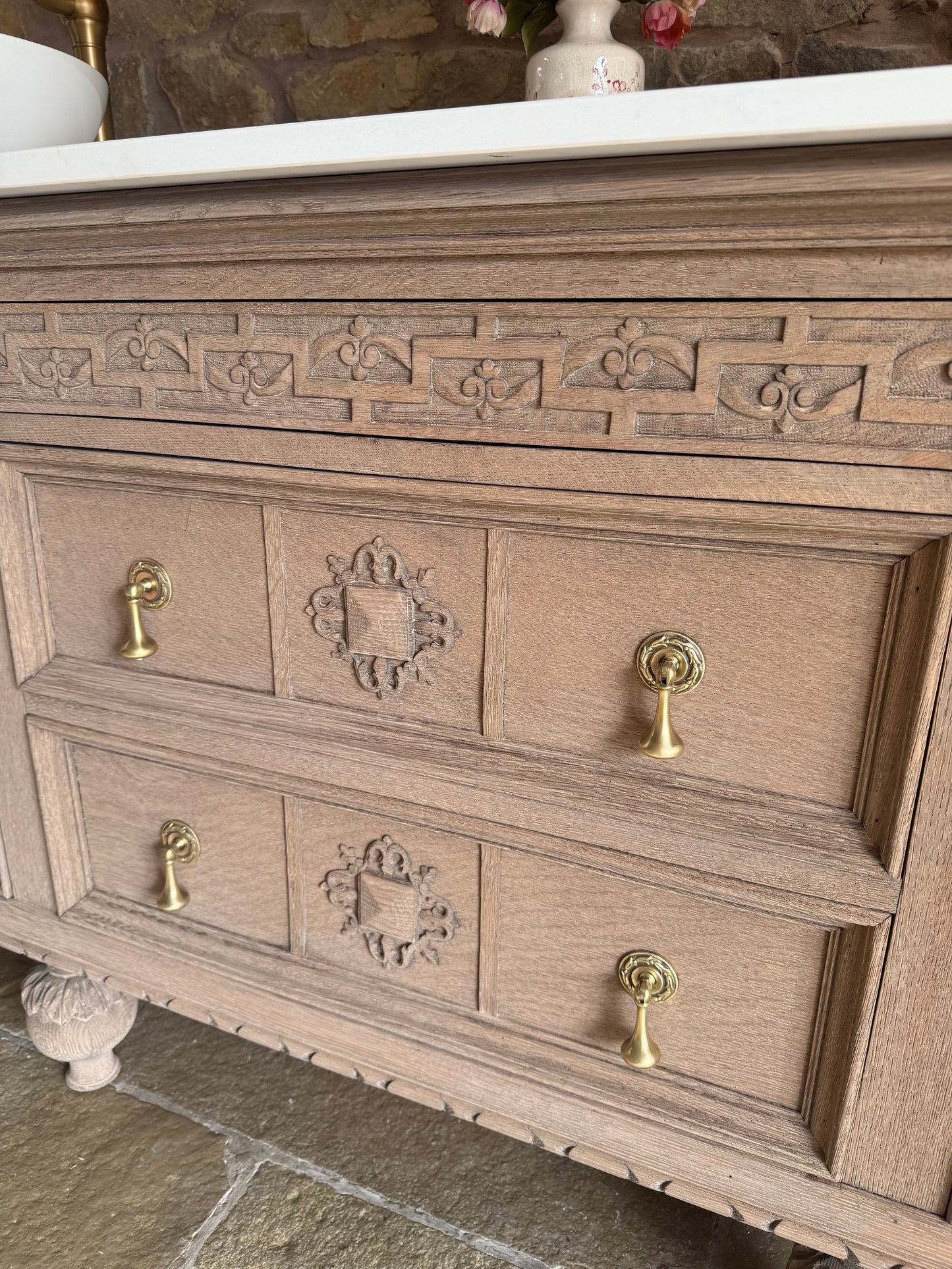 Rustic Large Double Vanity Sink Unit, Quartz top, Upstand and two basins (185cm wide)