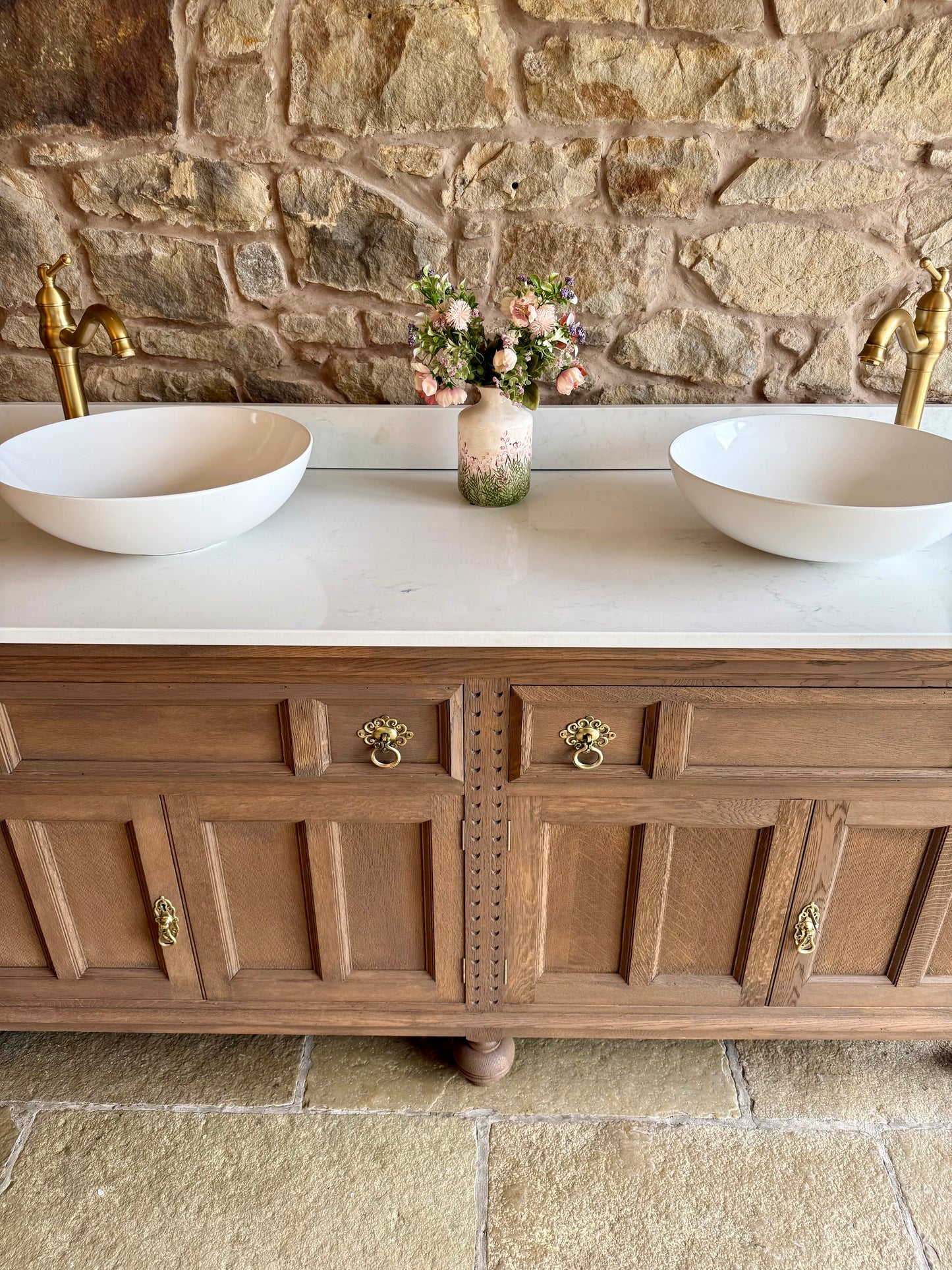 Large Solid Oak Double Vanity Sink Unit, Quartz Top, Upstand and Two Basins (185cm wide)