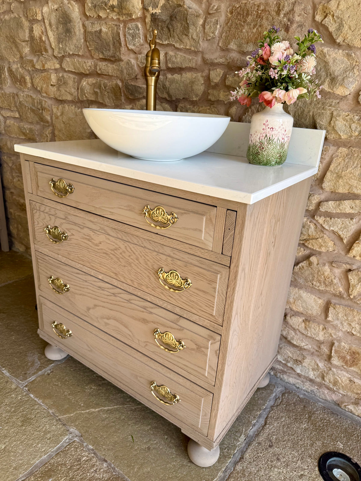 Single Vintage Oak Vanity Unit, Quartz Top, Upstand and Basins (78cm wide)