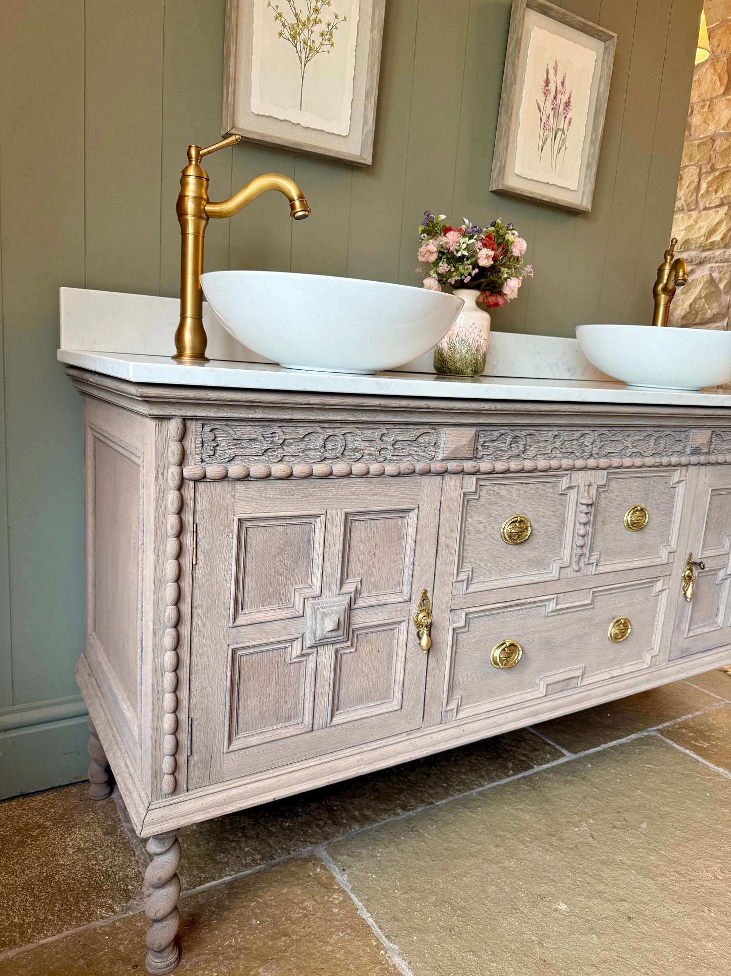 Large Vintage Light Solid Oak Vanity Sink, Carrara Quartz top, Upstand and two basins. (153cm wide)