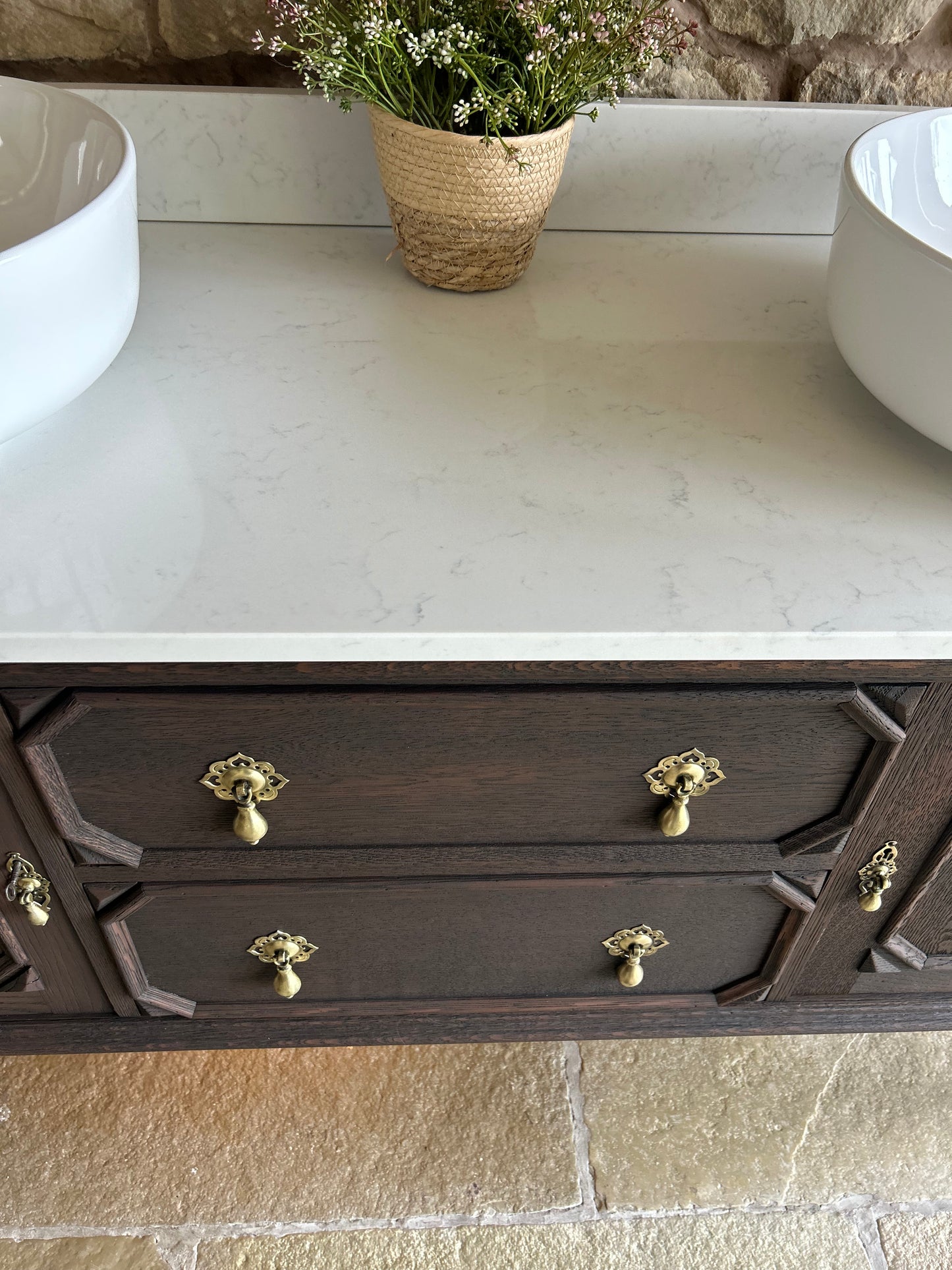 Classic Dark Solid Oak Double Vanity with Quartz top, Upstand and basins. (154cm wide)