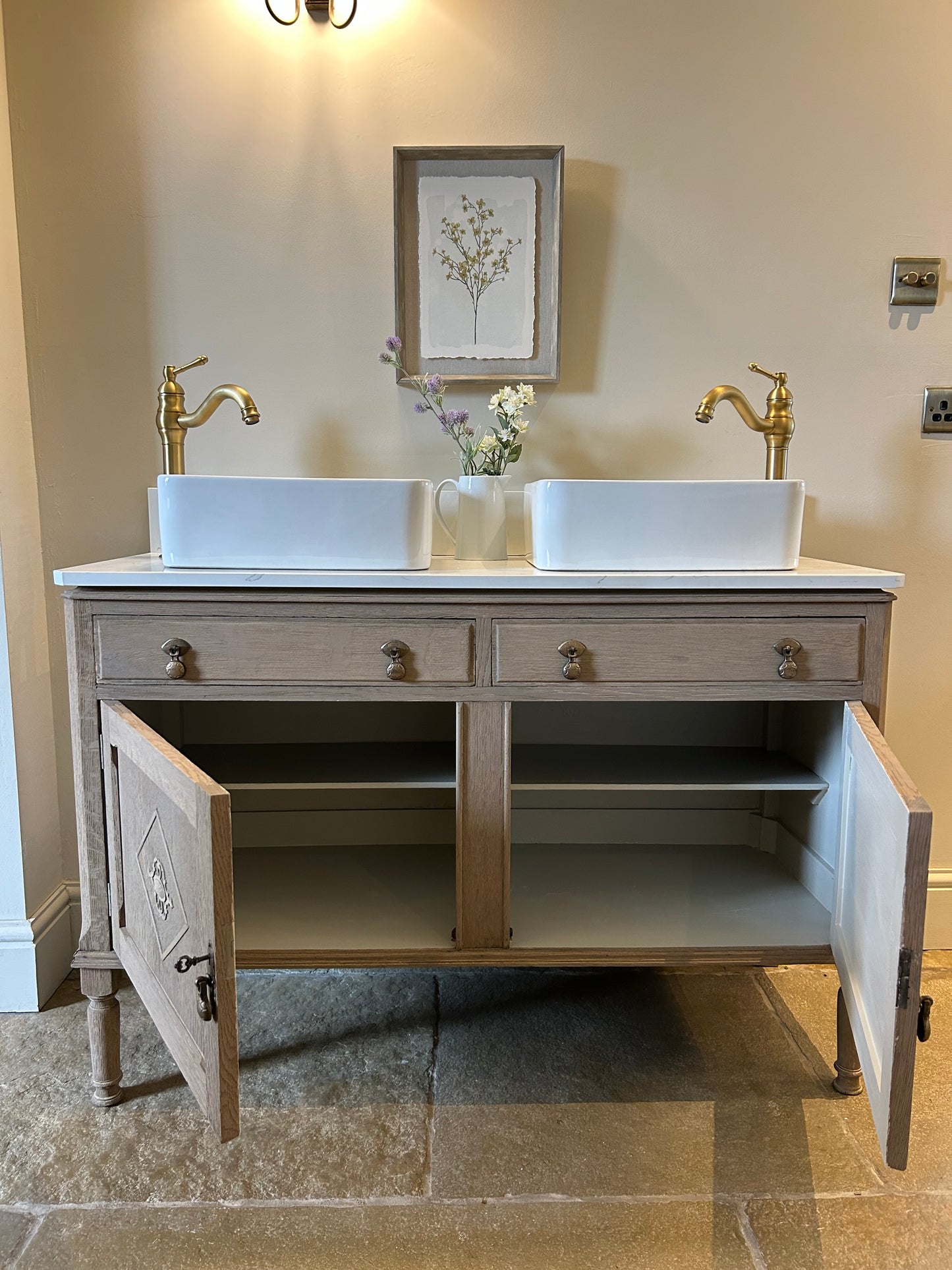 Vintage Double Vanity Sink. Solid Weathered Oak. Quartz/Marble top with Upstand.