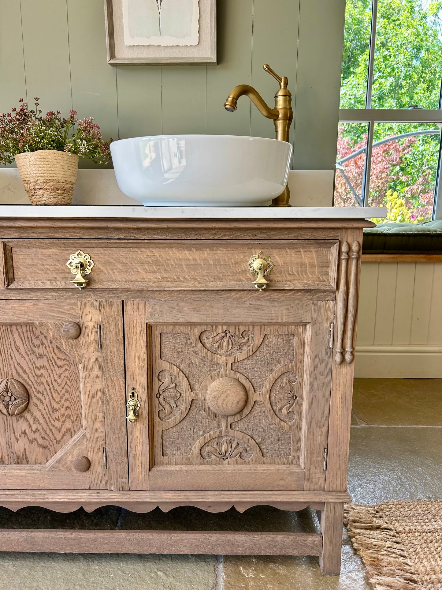 Large Mid Oak Vintage Double Vanity Sink, Quartz top with 2 counter top basins and Upstand. (155cm wide)