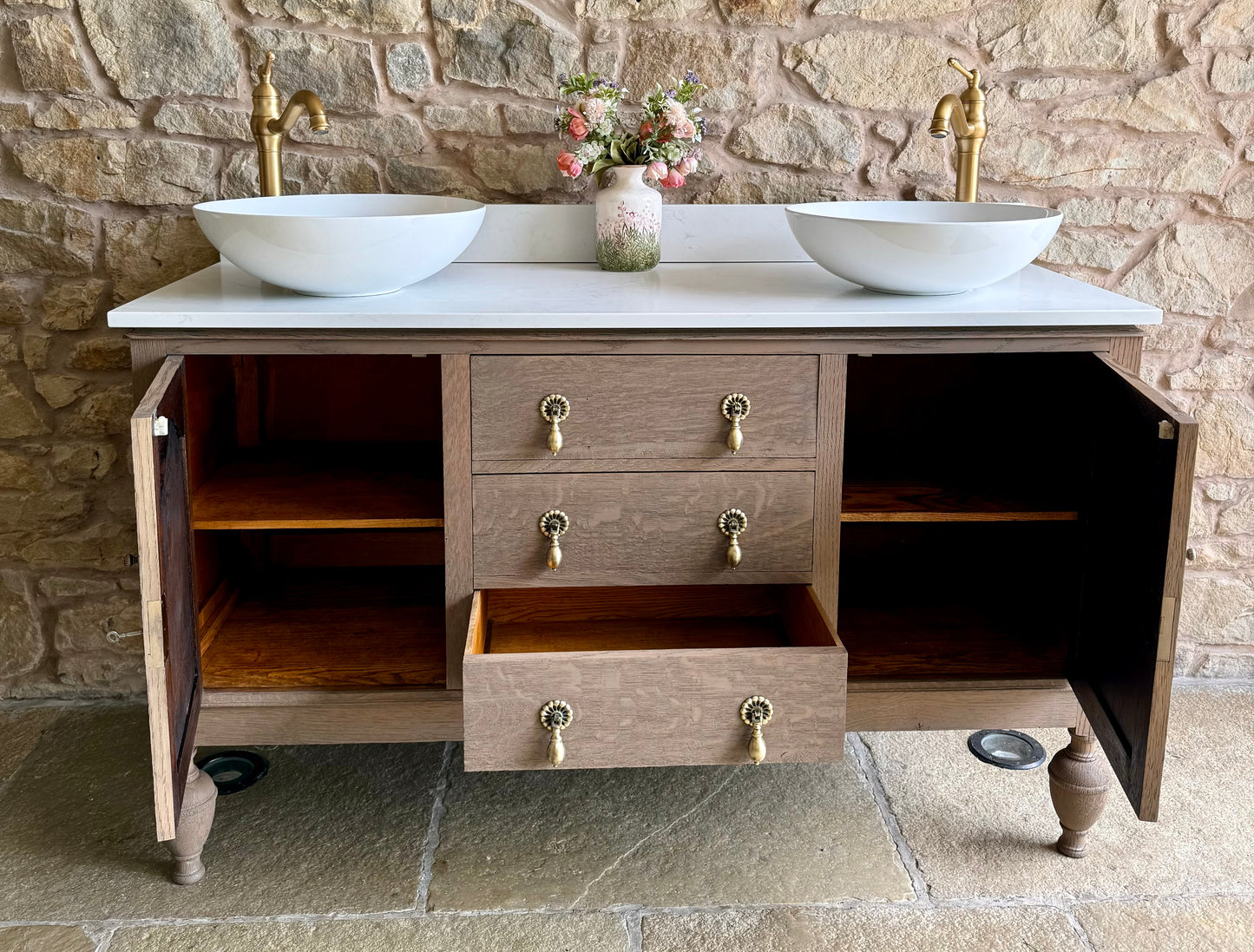 Warm Oak Heritage Double Vanity Sink Unit, Quartz Top, Upstand and Two Basins (139cm wide)