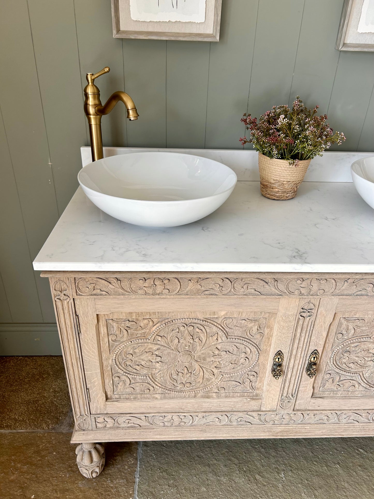 Ornate Vintage Solid Oak Double Vanity sink with Quartz top and Upstand finished in a Light Weathered Oak (124cm wide)