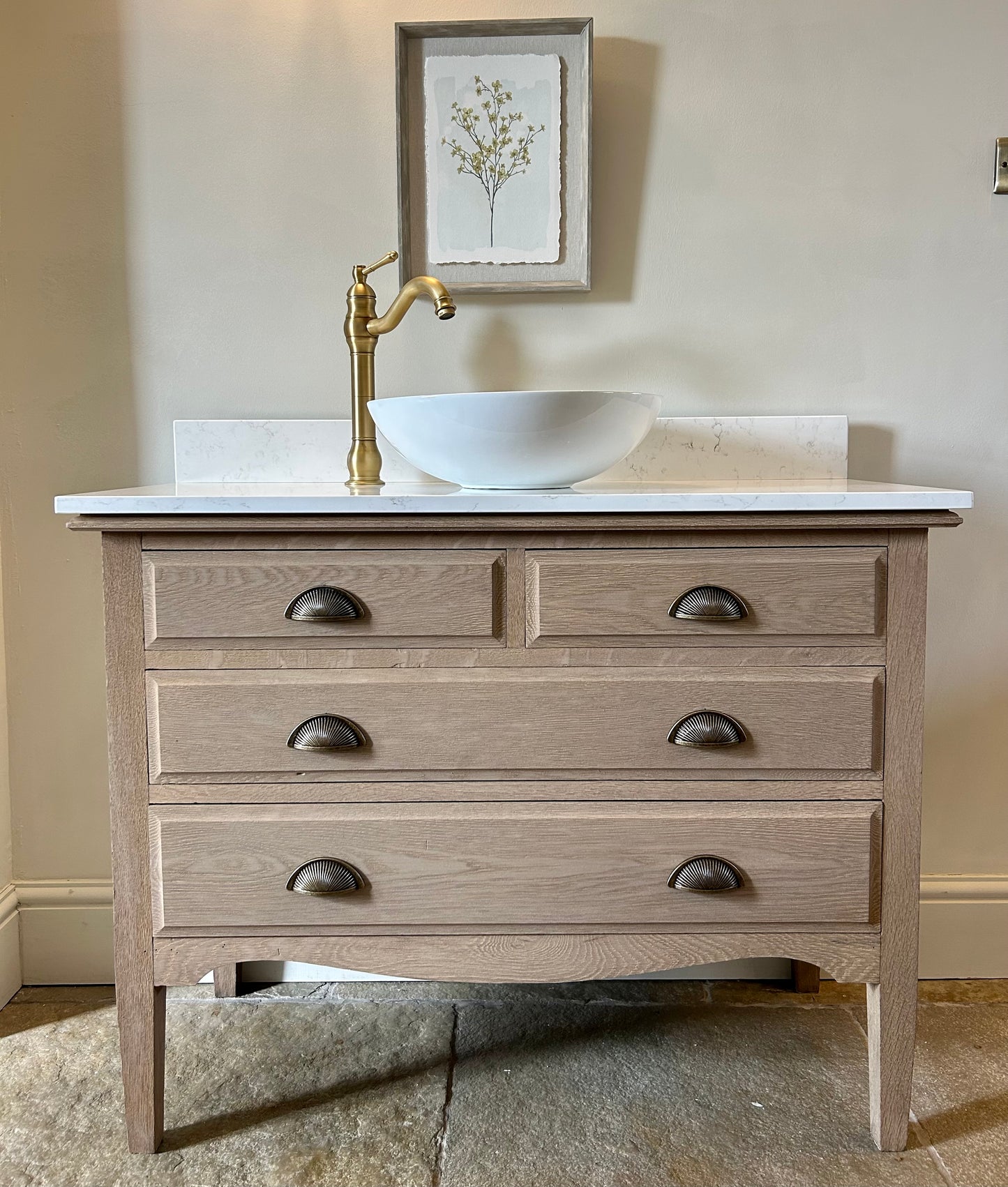 Large Vintage Vanity Sink Finished in weathered oak with quartz/marble top and Upstand (106cm wide)