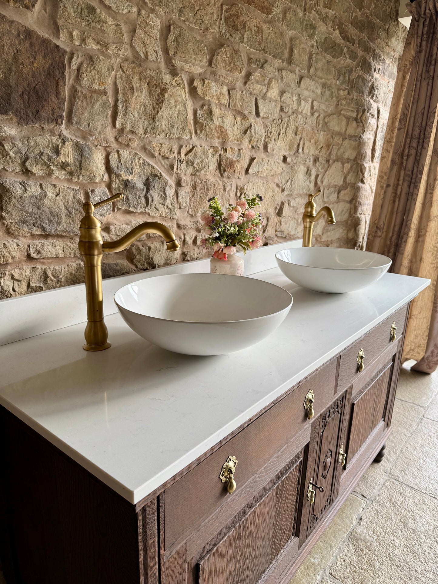 Vintage Solid Oak Vanity Sink, in a Classic Dark Oak, Quartz Top, Upstand and two basins
