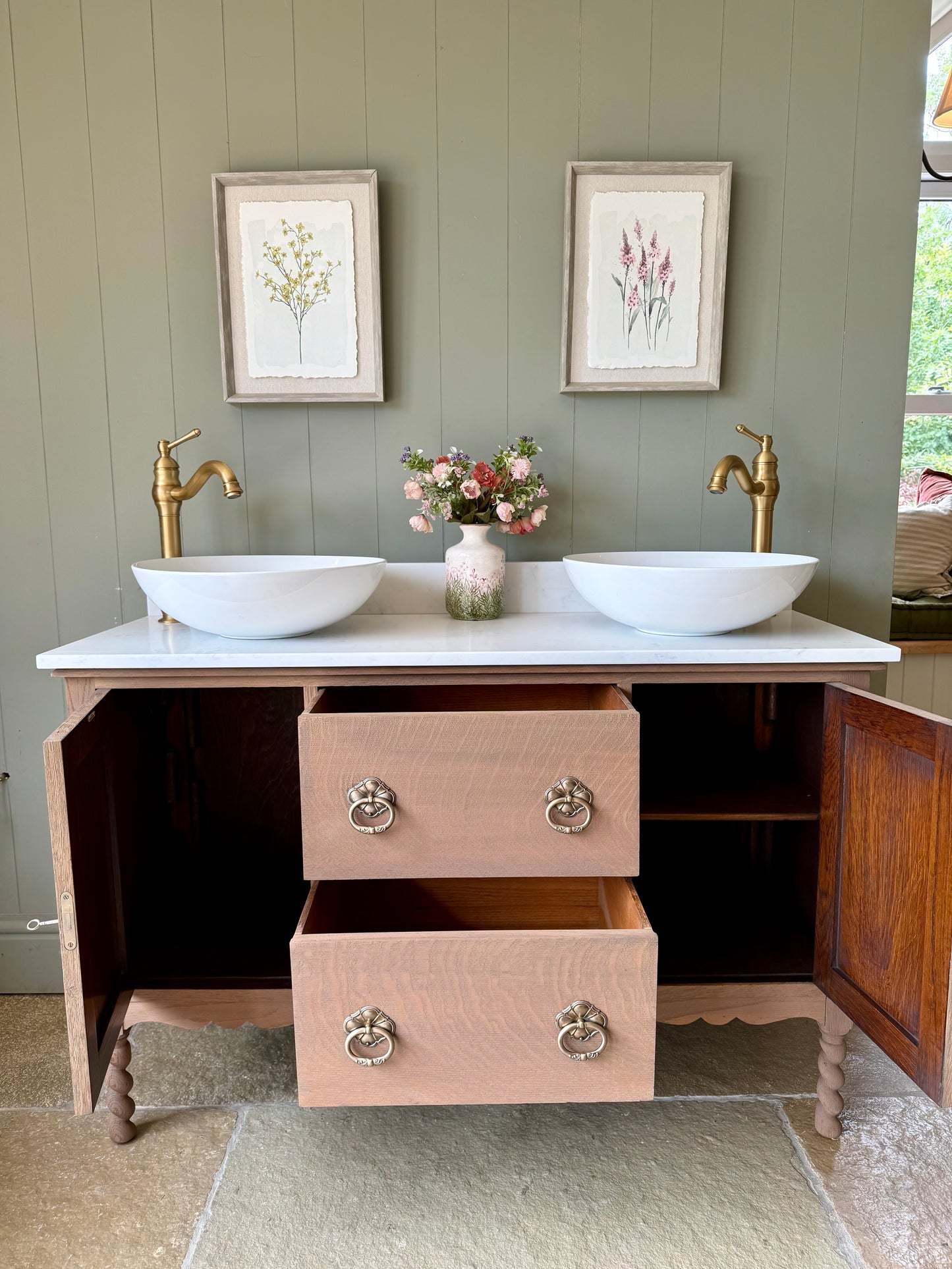 Double Vanity Sink in Mid Oak, Carrara Quartz top, Upstand and two basins (124cm wide)