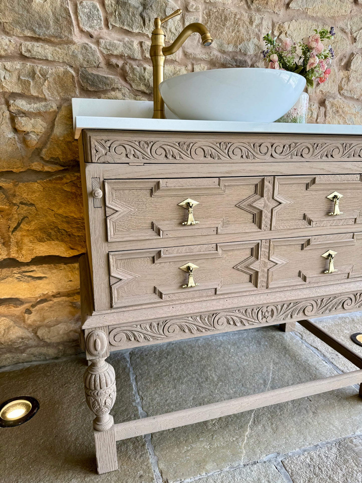 Beautiful Antique Solid Oak Vanity Sink Unit, Quartz Top, Upstand and Basin (90cm wide)