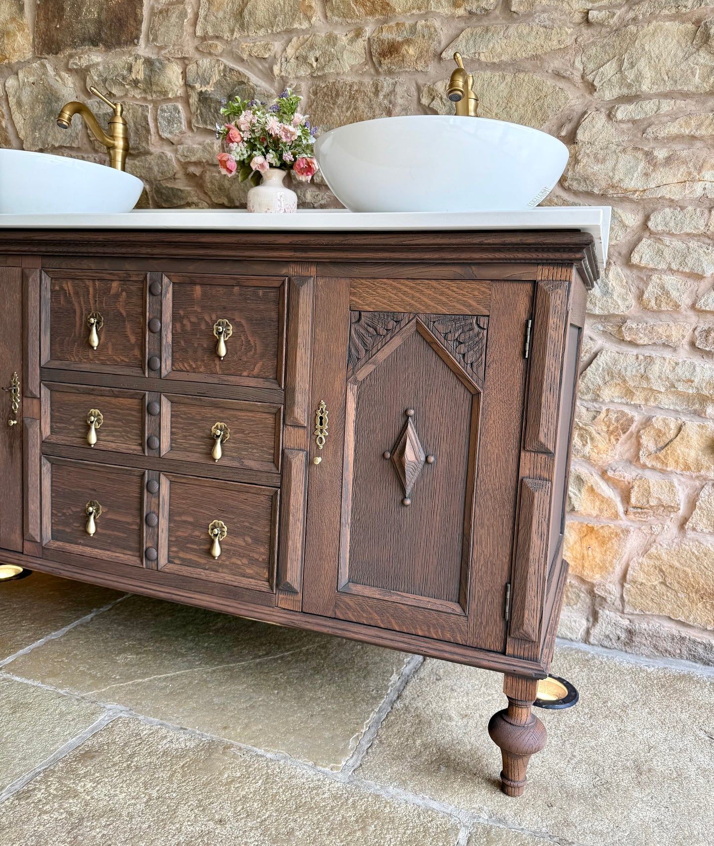 Classic Dark Oak Double Vanity Sink Unit, Quartz Top, Upstand and Two Basins (138cm wide)