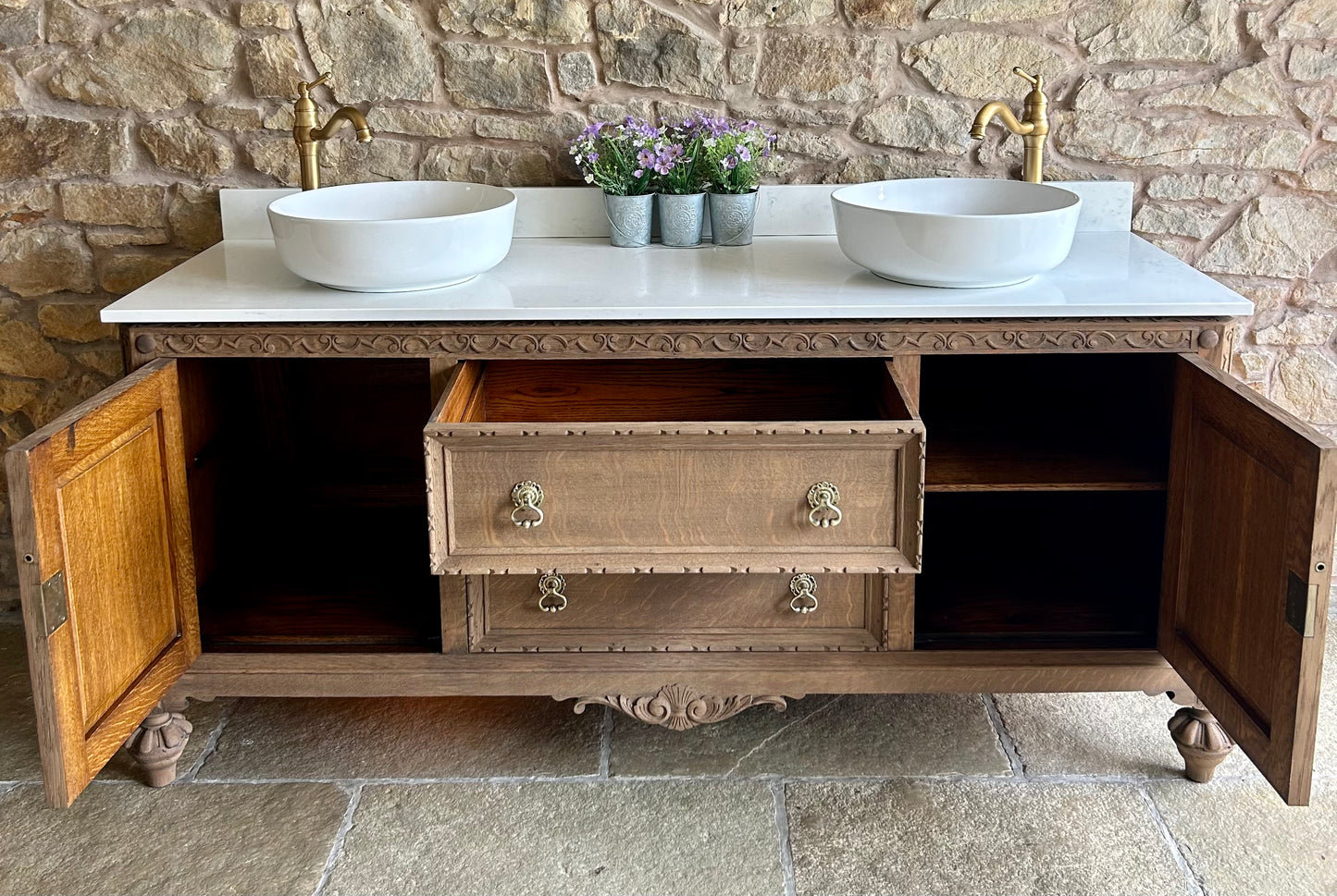 Extra Large Double Vanity Sink in Mid Oak, two counter top basins, Quartz top and Upstand. (181cm wide)