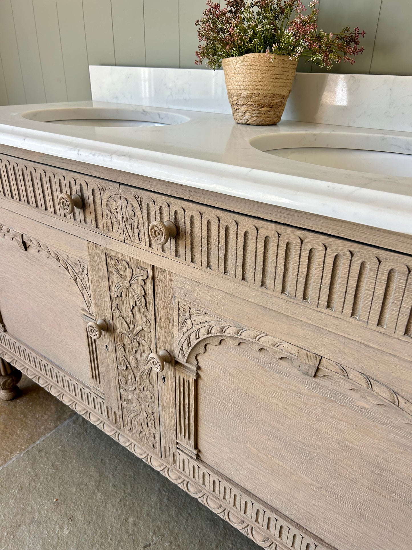 Vintage Light Oak Double Vanity Unit with undermount basins, Ogee edge and upstand.
