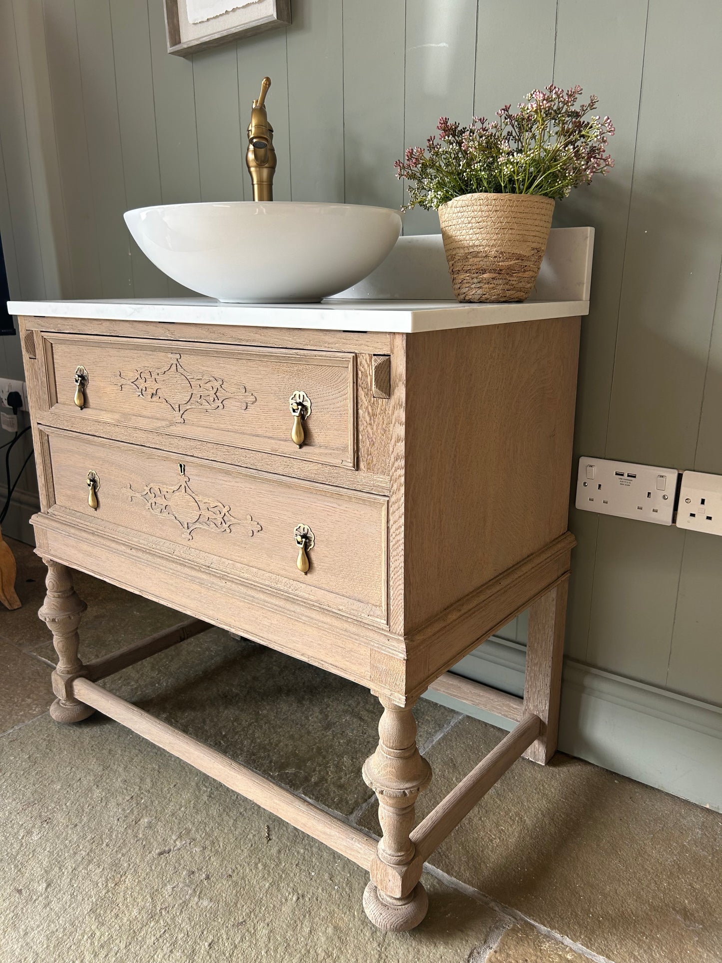Vintage Weathered oak vanity sink unit with quartz/marble top, basins and upstand 80cm  wide