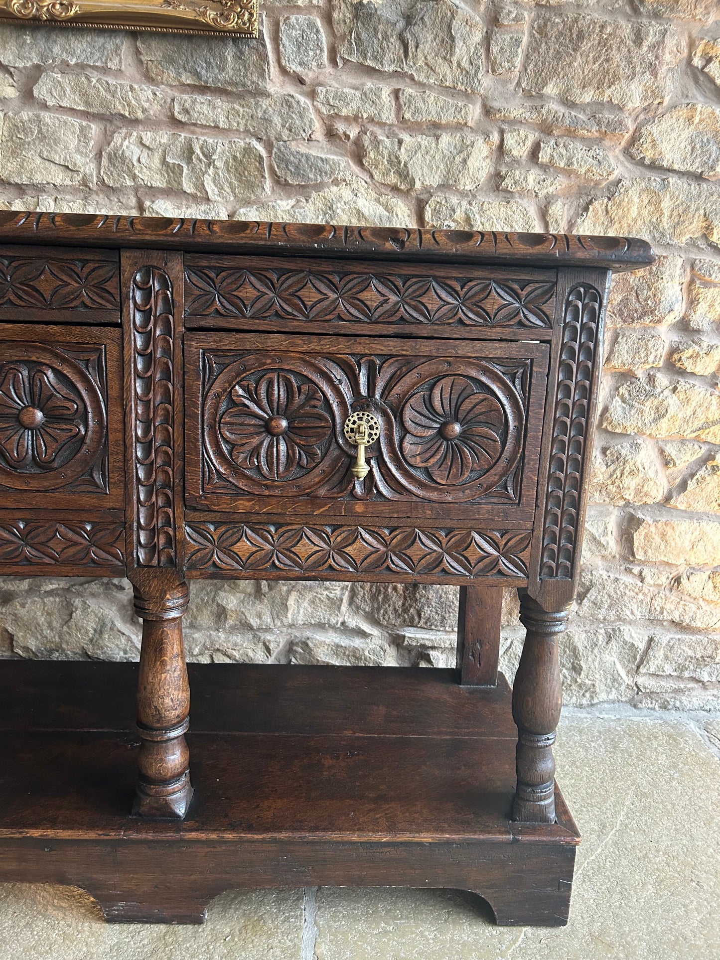 1700s Antique Solid Oak Console Table sideboard with beautiful hand carved detailing.