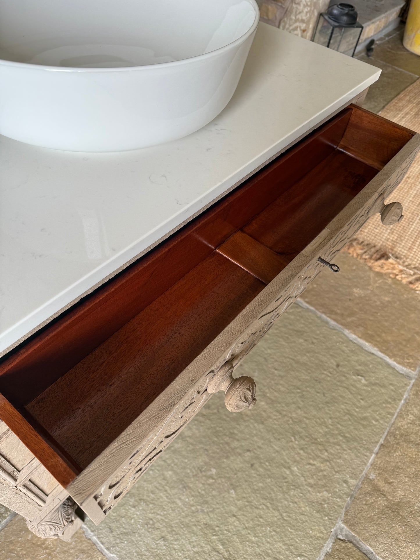 Ornate Light Oak Vanity Sink, Carrara Quartz top, Upstand and basin (90.5cm wide)
