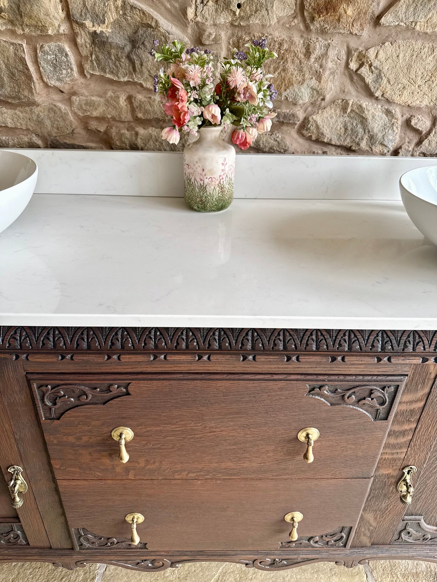Heritage Dark Oak Vanity Unit, Quartz Top, Upstand and two basins (153cm)