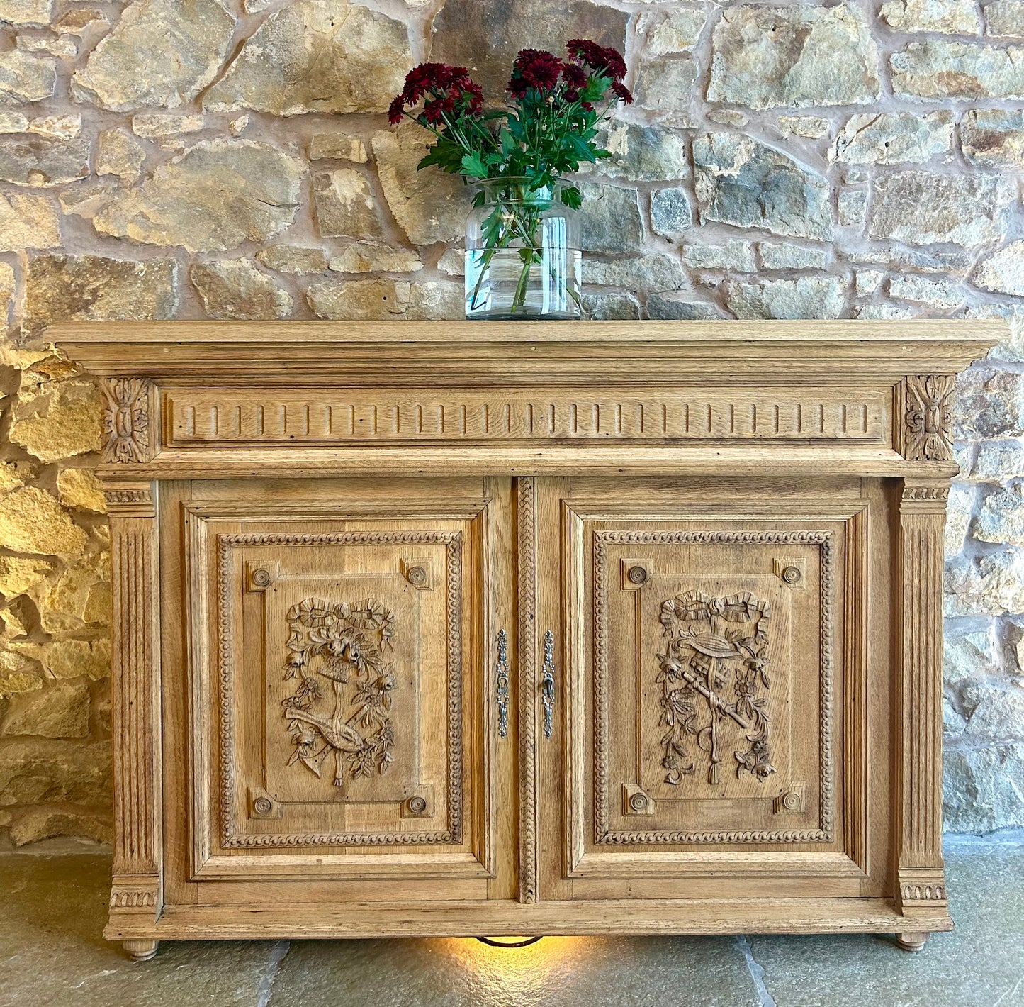 Rustic Solid Oak Narrow Sideboard with pretty Musical and Floral Carvings