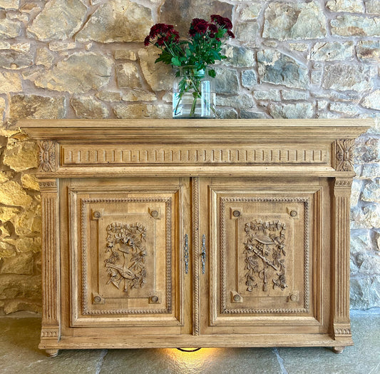 Rustic Solid Oak Narrow Sideboard with pretty Musical and Floral Carvings