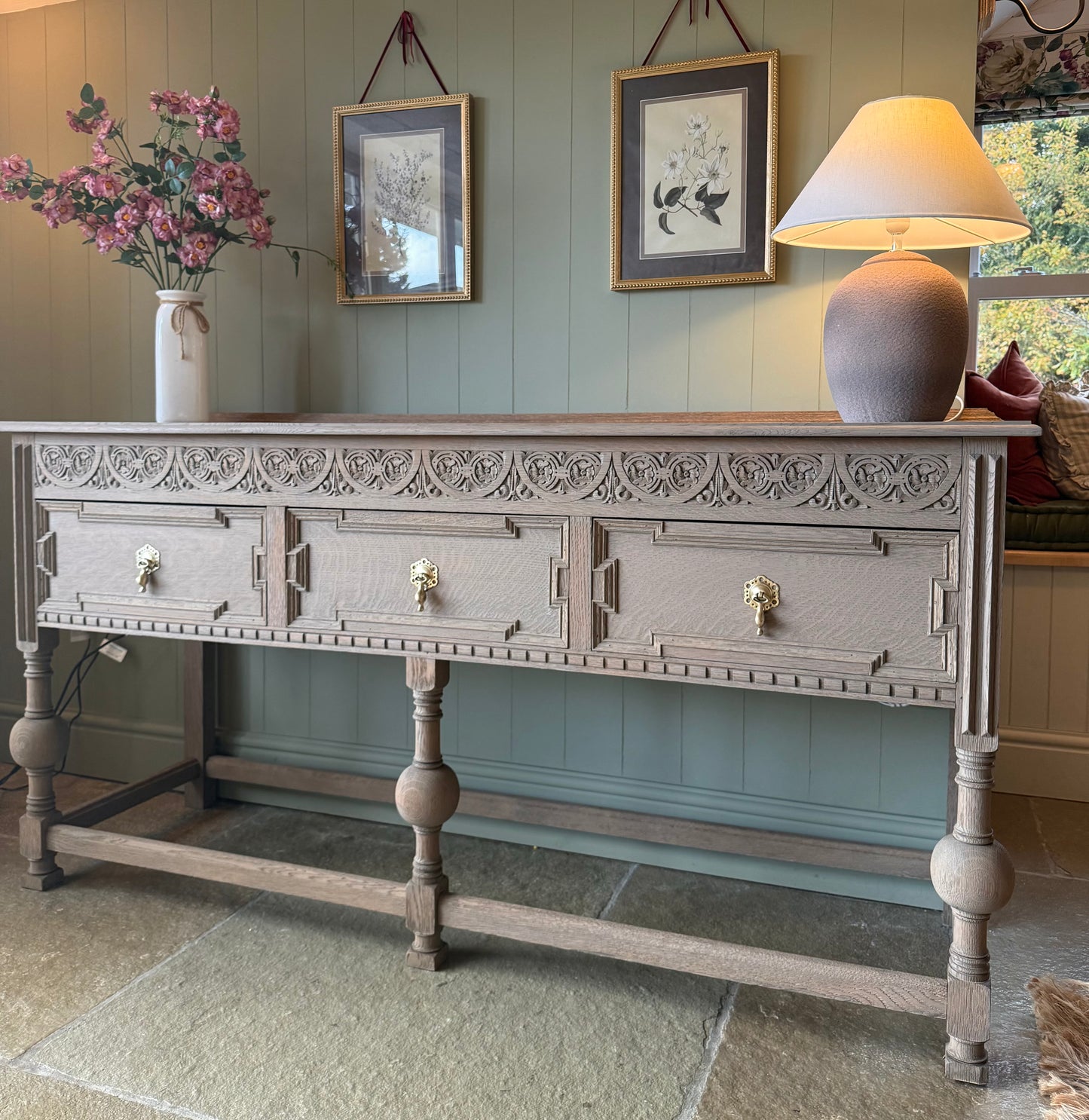Large Antique Console Table. Solid Oak finished in a Light Oak. (183cm wide)