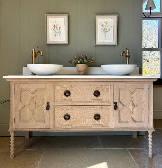 Light Oak Double Vanity Sink, quartz top, Upstand and two basins.