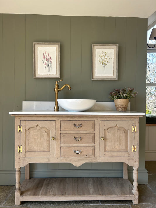 Light Solid Oak Vanity Sink with Basin, Quartz top and Upstand. 1235mm wide