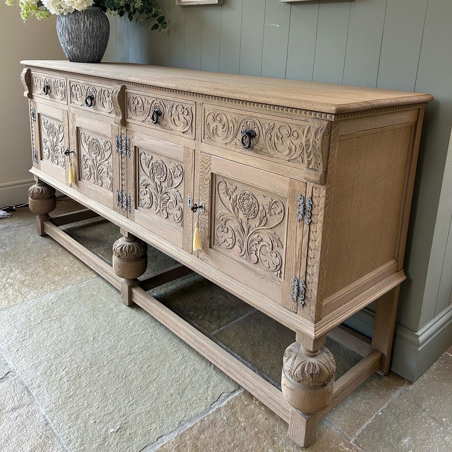 Vintage Carved Weathered Oak Sideboard