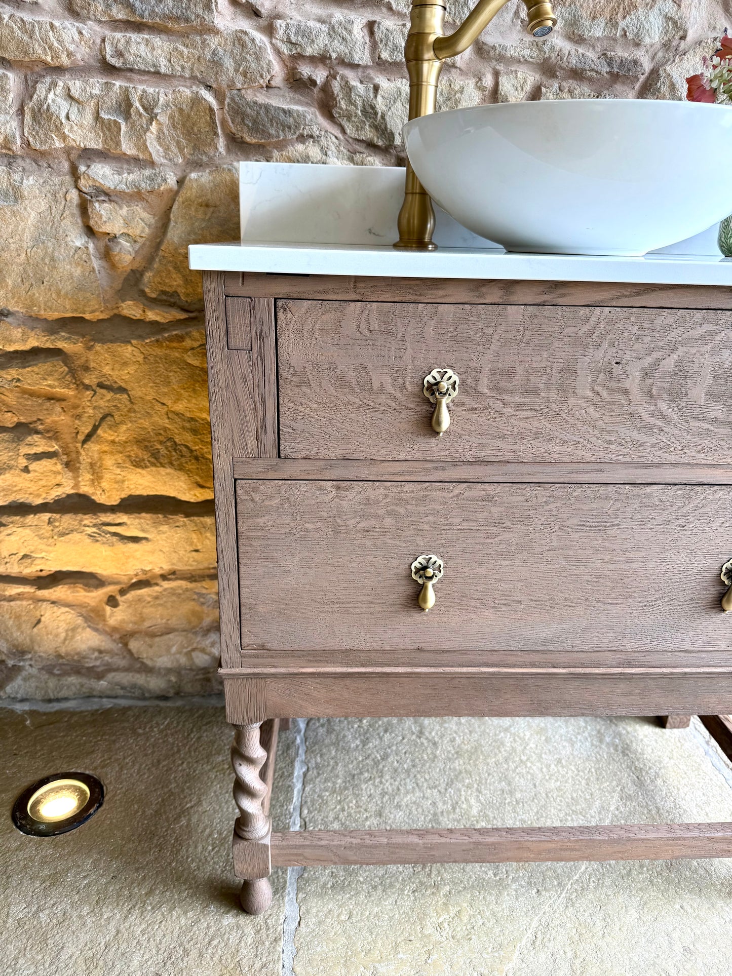 Vintage Oak Vanity Unit Quartz Top Upstand and Basin (79cm wide)