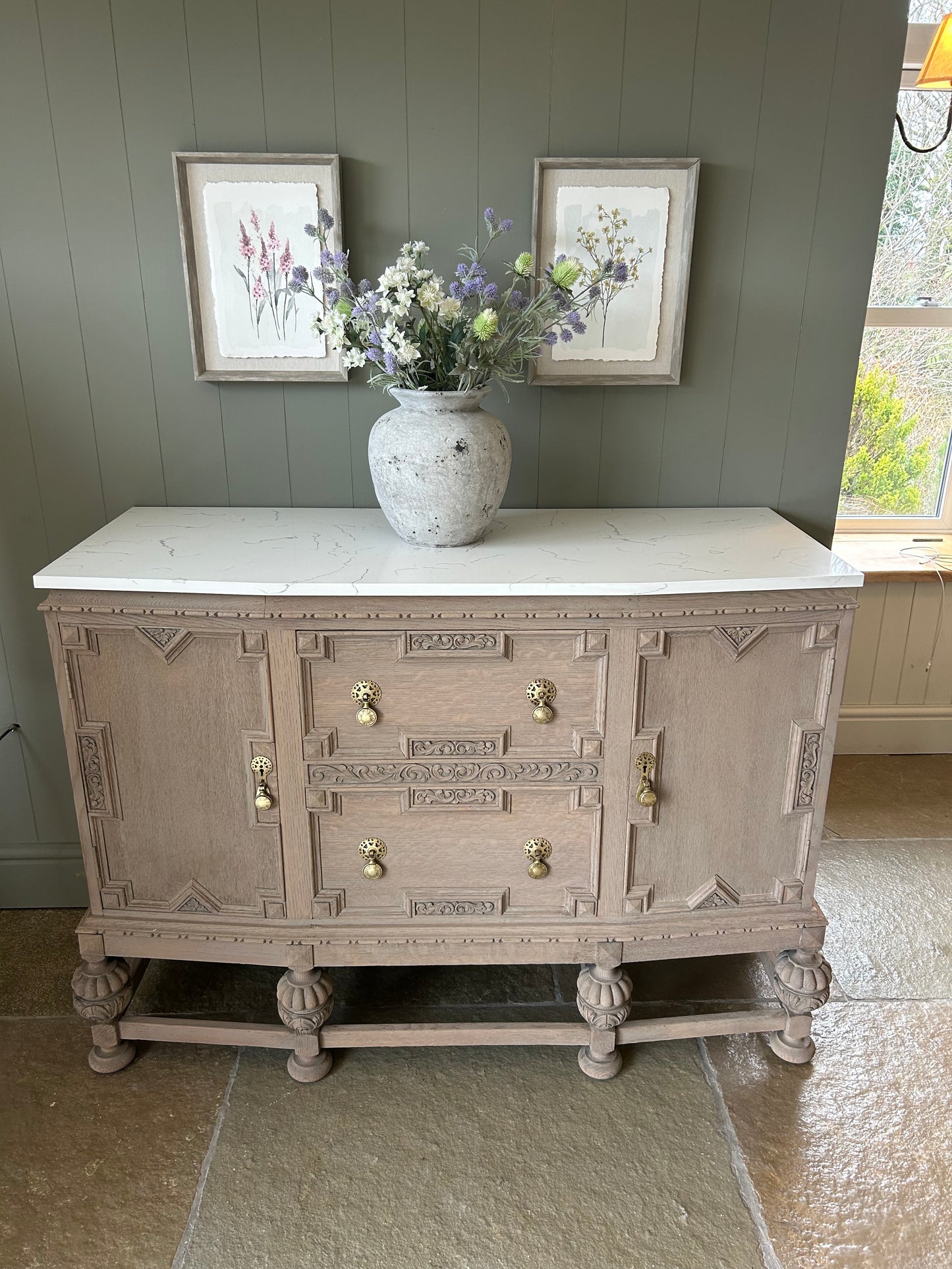 Marble Topped Vintage Sideboard. Medium Sized