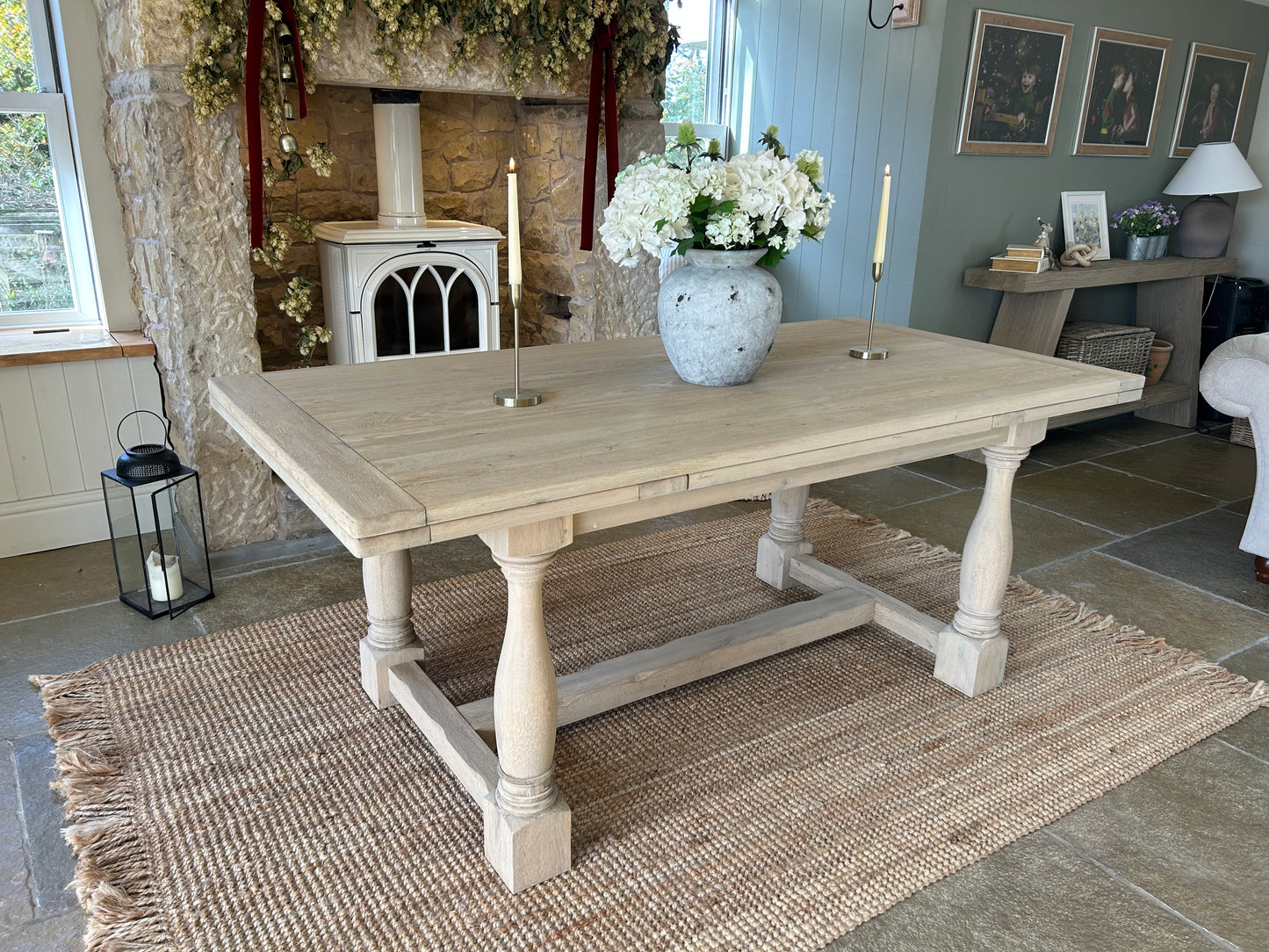 Large Extending Solid Oak Dining table refinished in a light weathered oak. (183cm-290cm)