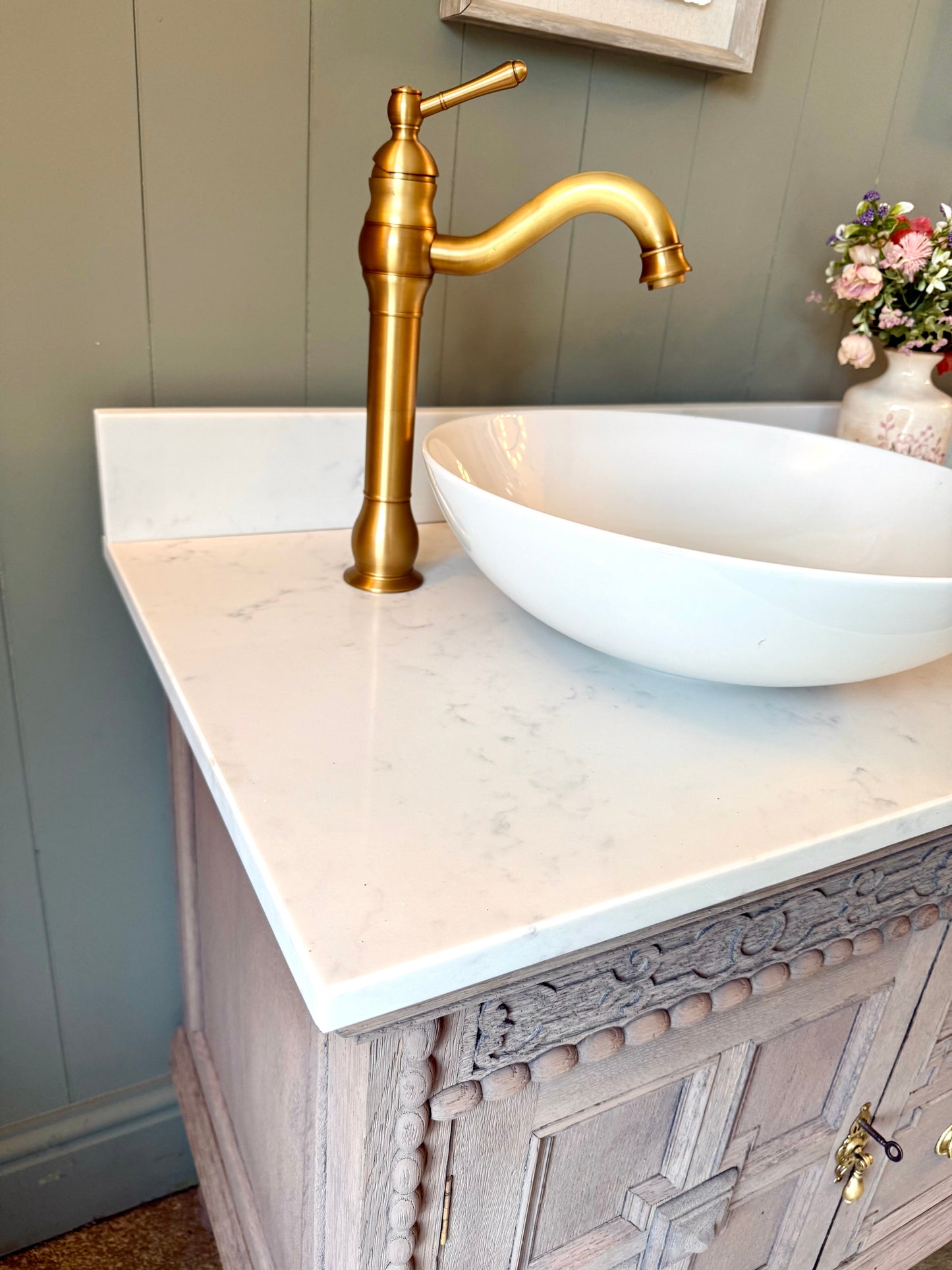 Large Vintage Light Solid Oak Vanity Sink, Carrara Quartz top, Upstand and two basins. (153cm wide)