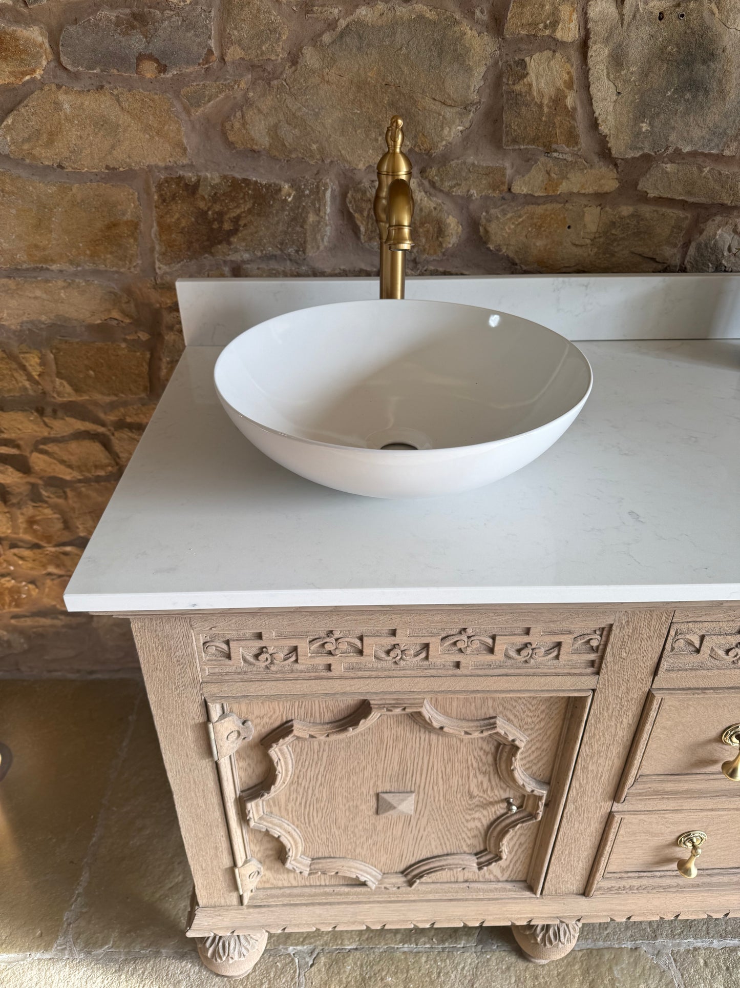 Rustic Large Double Vanity Sink Unit, Quartz top, Upstand and two basins (185cm wide)