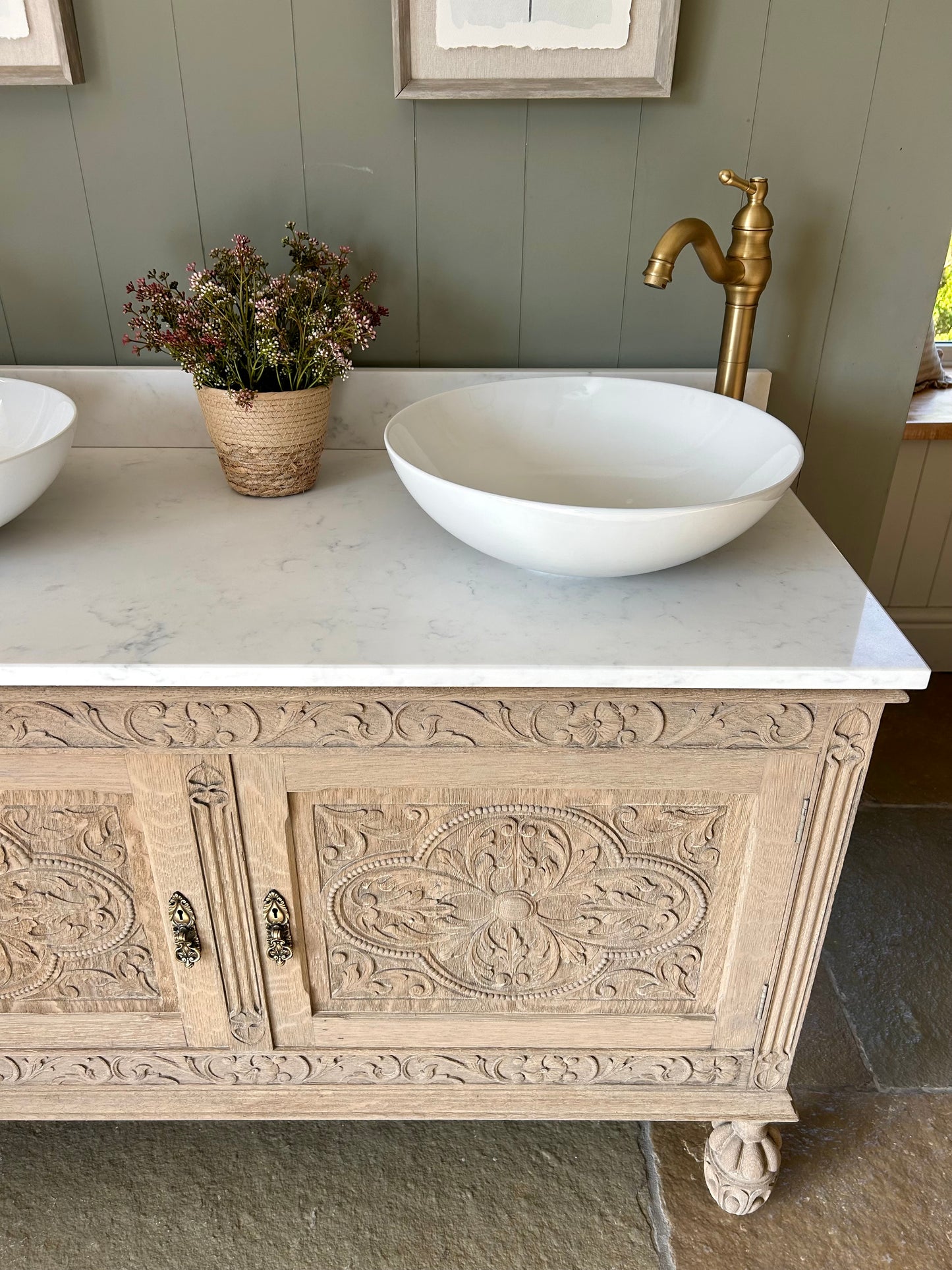 Ornate Vintage Solid Oak Double Vanity sink with Quartz top and Upstand finished in a Light Weathered Oak (124cm wide)